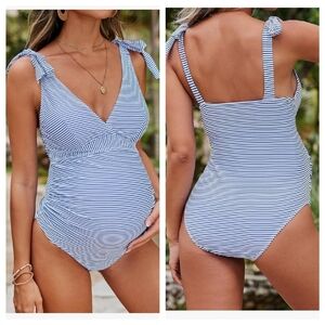 Amazon Light Blue and White Striped One-Piece Tie-Shoulder Swimsuit